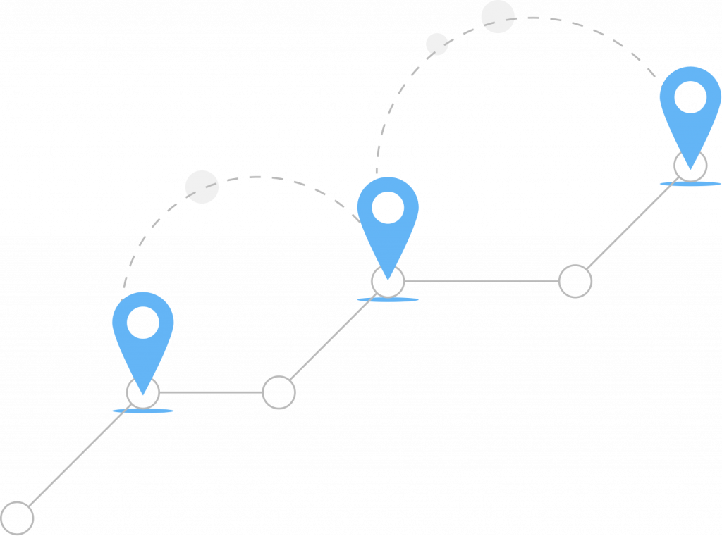 A graphic of a timeline-esque line. At certain points in the line, there are geolocation pins and circles that denote various points.