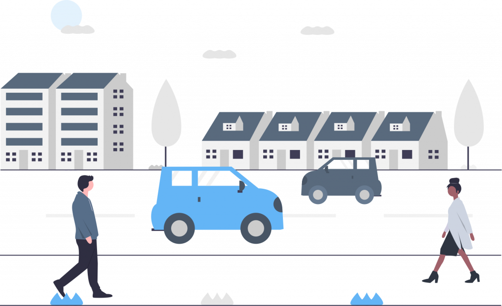 A graphic of people walking down a sidewalk with cars an a town in the background.